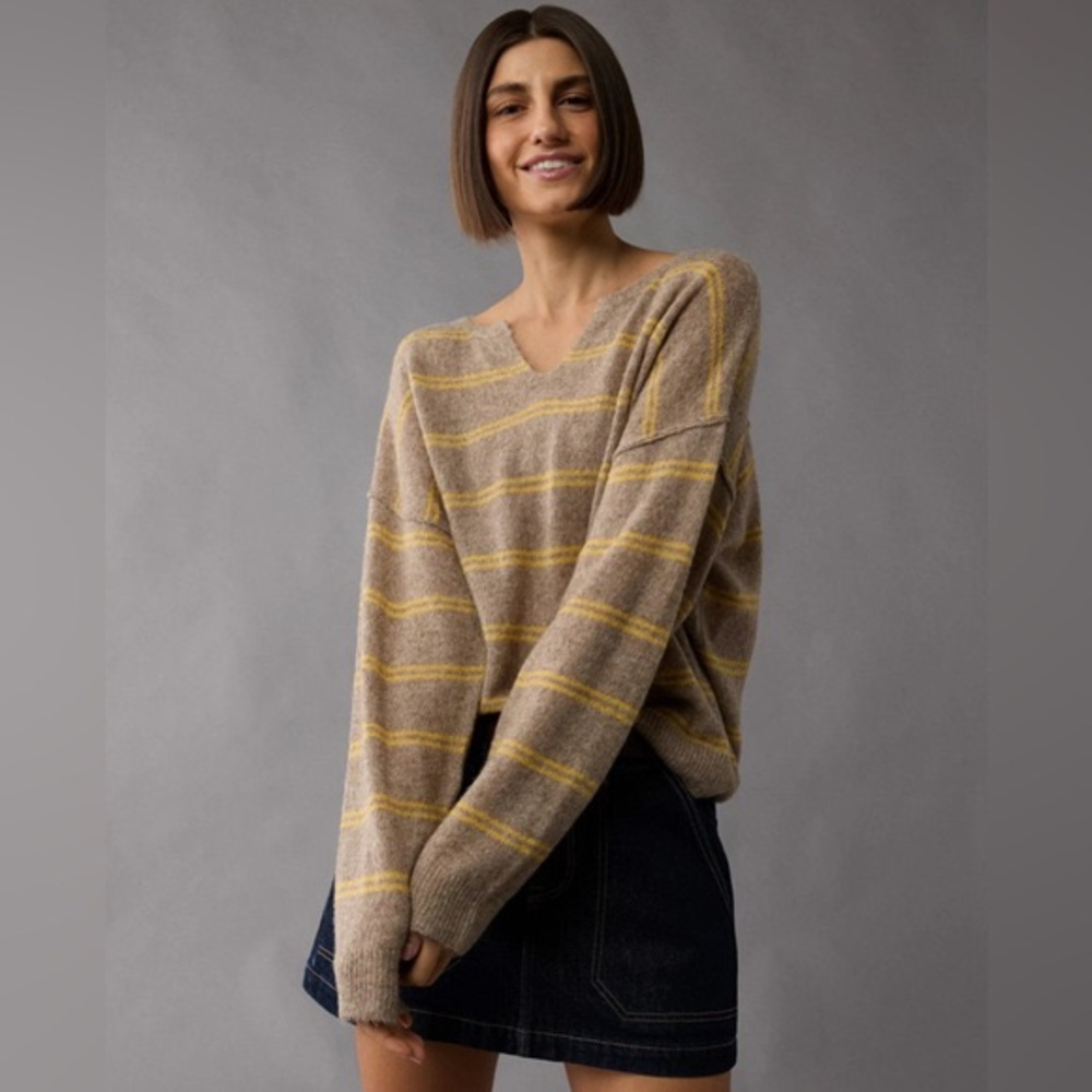 NWT American Eagle oversized waffle knit sweater | brown with yellow stripe